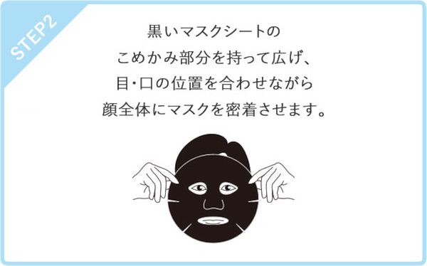 STEP2　黒いマスクシートのこめかみ部分を持って広げ、目・口の位置を合わせながら顔全体にマスクを密着させます。